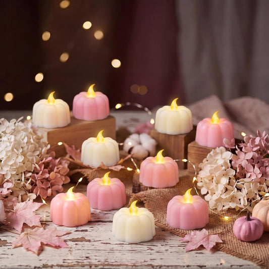 24 Pcs Halloween Pumpkin Tea Light Flameless Pumpkin Candles, Pink