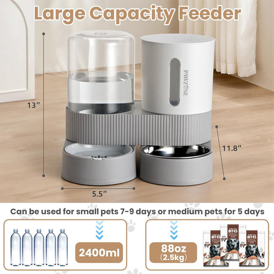 2 Pack Automatic Cat Feeder Stainless Steel Water Dispenser Gravity Food Feeder and Waterer Set with Pet Food Bowl for Small Medium Kitten Puppy Pets Large Capacity(Grey)
