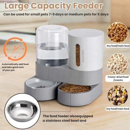 2 Pack Automatic Cat Feeder Stainless Steel Water Dispenser Gravity Food Feeder and Waterer Set with Pet Food Bowl for Small Medium Kitten Puppy Pets Large Capacity(Grey)