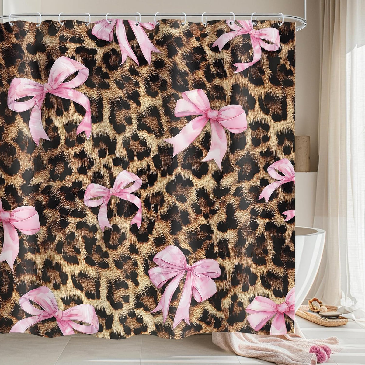 Cheetah Print Shower Curtain 60x72 Pink Bow Bathroom Decor
