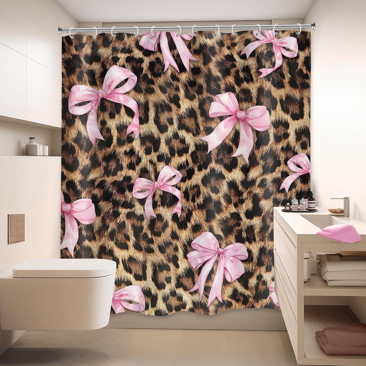 Cheetah Print Shower Curtain 60x72 Pink Bow Bathroom Decor