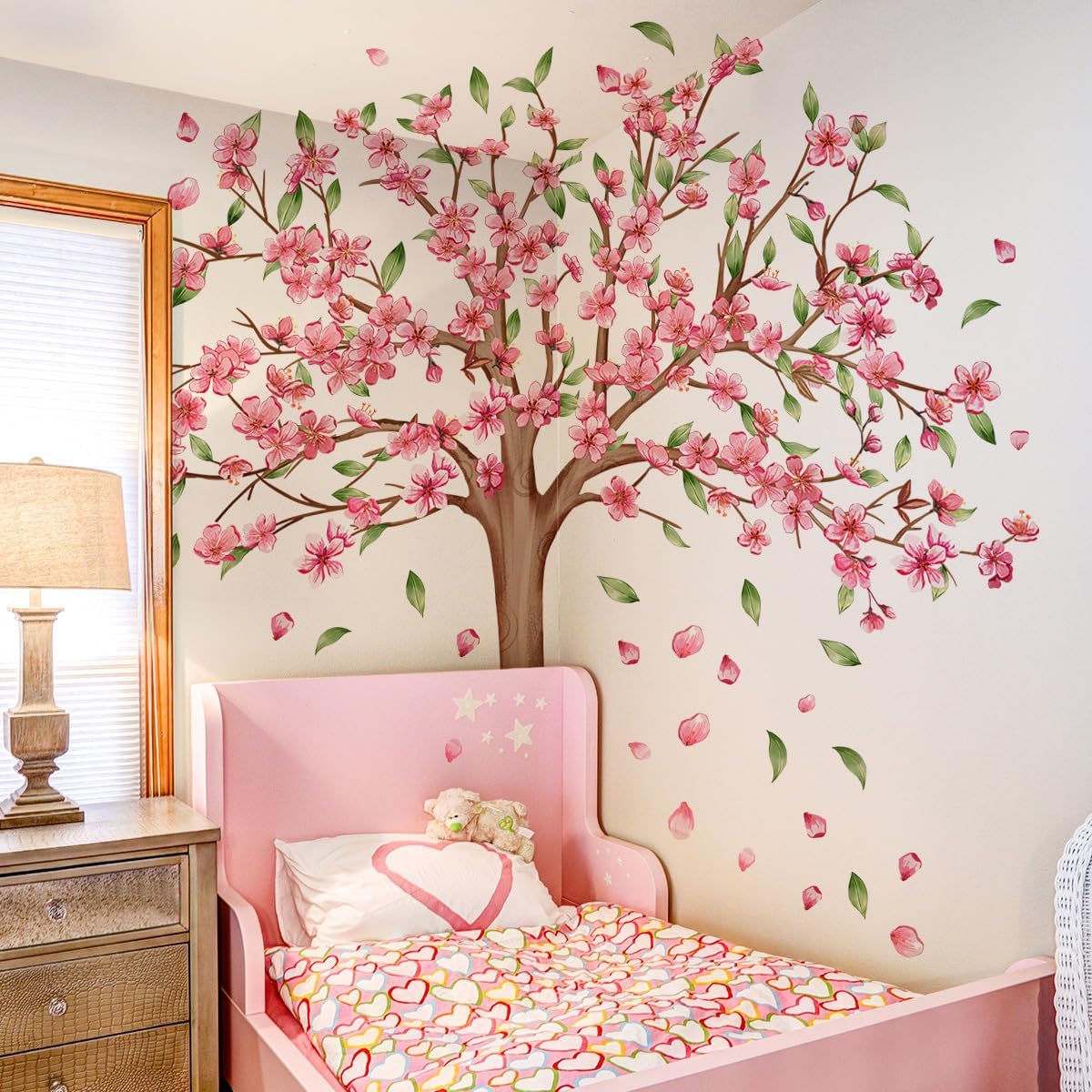 Large Tree Wall Decals Pink Peach Blossom Treer Wall Stickers Peel and Stick Removable Wall Art Decals DIY Vinyl Green Trees Home Decor for Bedroom Kids Bedroom Sofa TV Background