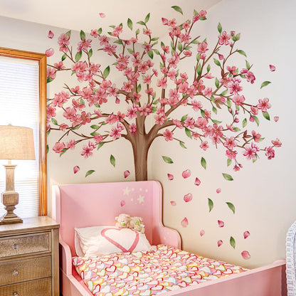 Large Tree Wall Decals Pink Peach Blossom Treer Wall Stickers Peel and Stick Removable Wall Art Decals DIY Vinyl Green Trees Home Decor for Bedroom Kids Bedroom Sofa TV Background