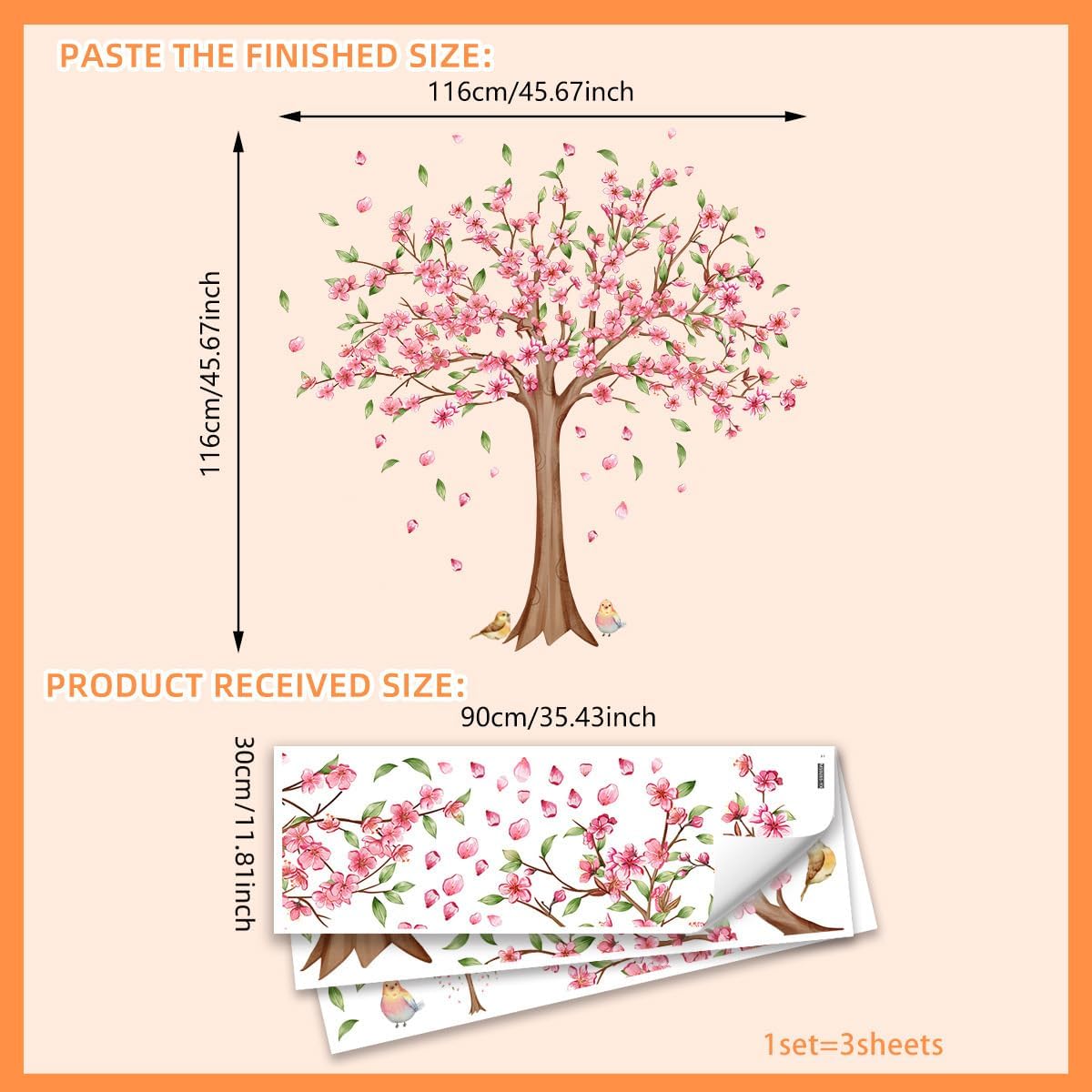 Large Tree Wall Decals Pink Peach Blossom Treer Wall Stickers Peel and Stick Removable Wall Art Decals DIY Vinyl Green Trees Home Decor for Bedroom Kids Bedroom Sofa TV Background