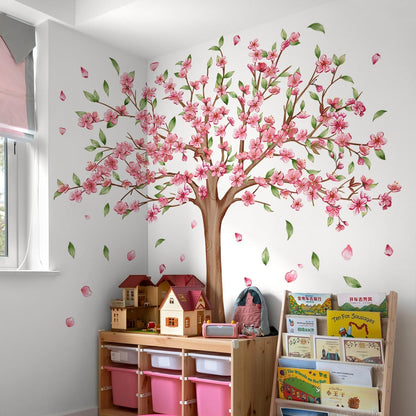Large Tree Wall Decals Pink Peach Blossom Treer Wall Stickers Peel and Stick Removable Wall Art Decals DIY Vinyl Green Trees Home Decor for Bedroom Kids Bedroom Sofa TV Background