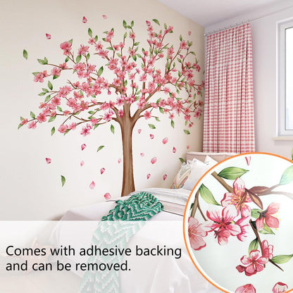 Large Tree Wall Decals Pink Peach Blossom Treer Wall Stickers Peel and Stick Removable Wall Art Decals DIY Vinyl Green Trees Home Decor for Bedroom Kids Bedroom Sofa TV Background