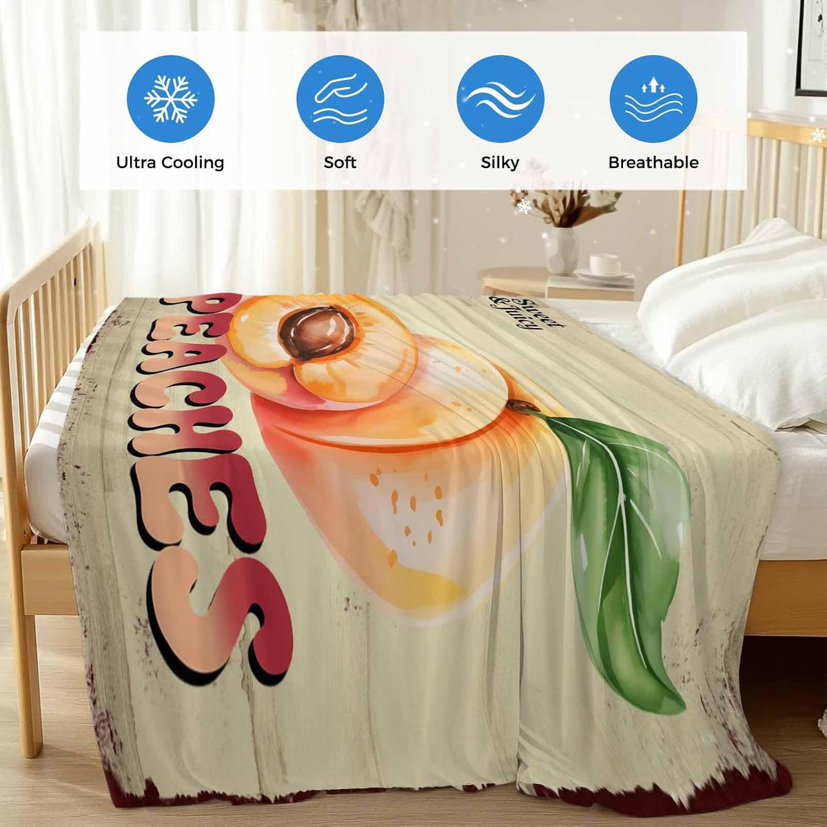 Cooling Blanket for Hot Sleepers, Pink Peaches Lightweight Breathable Summer Blanket, Vintage Farmhouse Botanical Fruit Leaves Double-Side Cool Throw Blankets for Sleeping Travel, 40"x60"