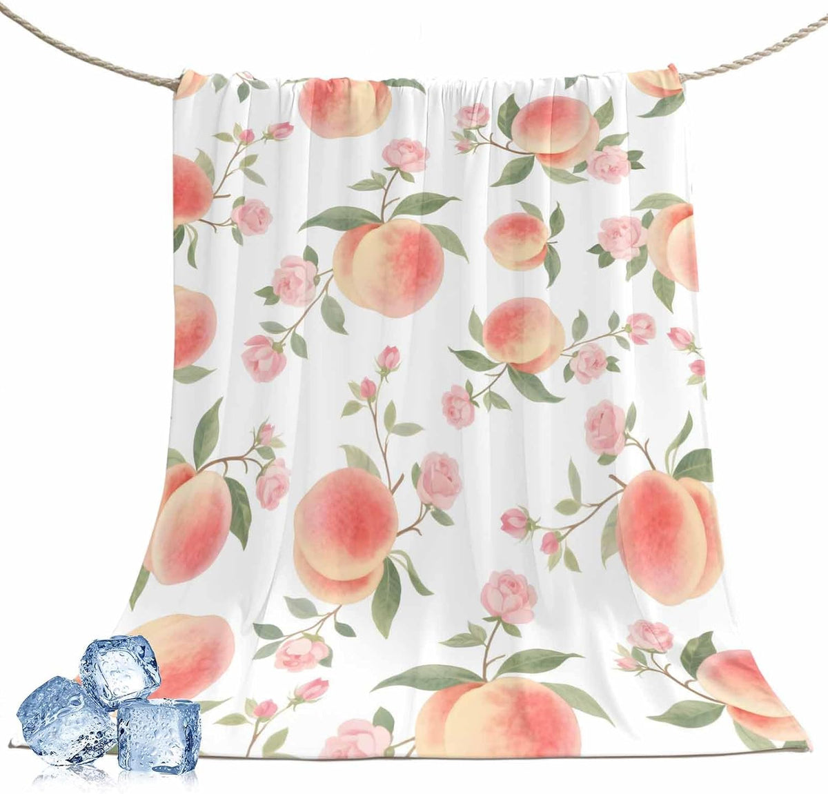 Cooling Throw Blanket 40"x60" for Teens, Peach Lightweight Breathable Bed Blanket for Hot Sleepers, Spring Floral Green Leaf Botanical Pink Fruit Soft Summer Cool Blankets for Travel, Sofa, Couch
