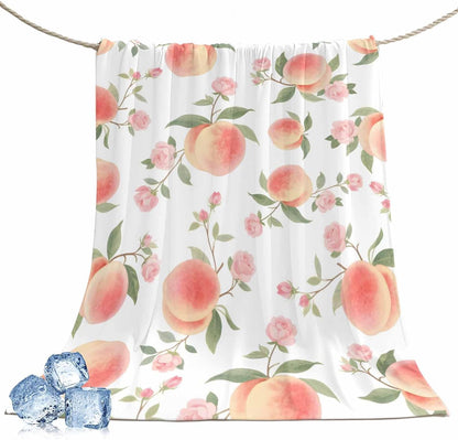 Cooling Throw Blanket 40"x60" for Teens, Peach Lightweight Breathable Bed Blanket for Hot Sleepers, Spring Floral Green Leaf Botanical Pink Fruit Soft Summer Cool Blankets for Travel, Sofa, Couch