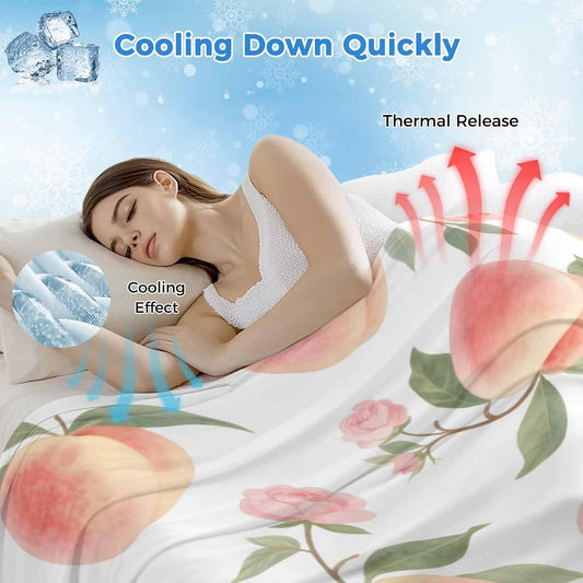 Cooling Throw Blanket 40"x60" for Teens, Peach Lightweight Breathable Bed Blanket for Hot Sleepers, Spring Floral Green Leaf Botanical Pink Fruit Soft Summer Cool Blankets for Travel, Sofa, Couch