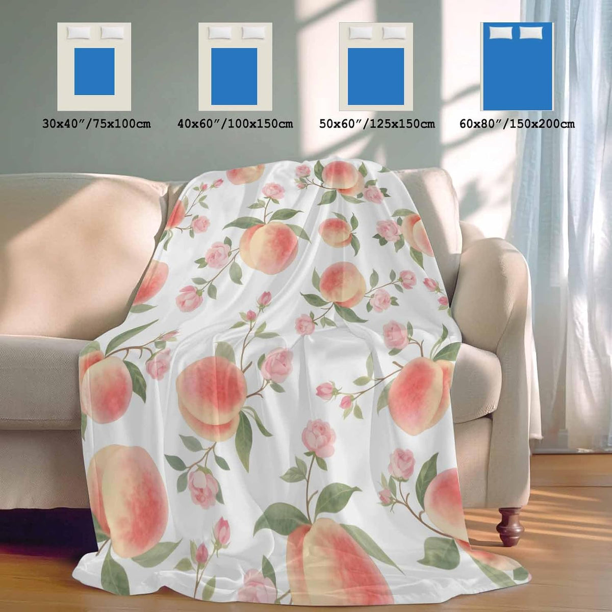 Cooling Throw Blanket 40"x60" for Teens, Peach Lightweight Breathable Bed Blanket for Hot Sleepers, Spring Floral Green Leaf Botanical Pink Fruit Soft Summer Cool Blankets for Travel, Sofa, Couch