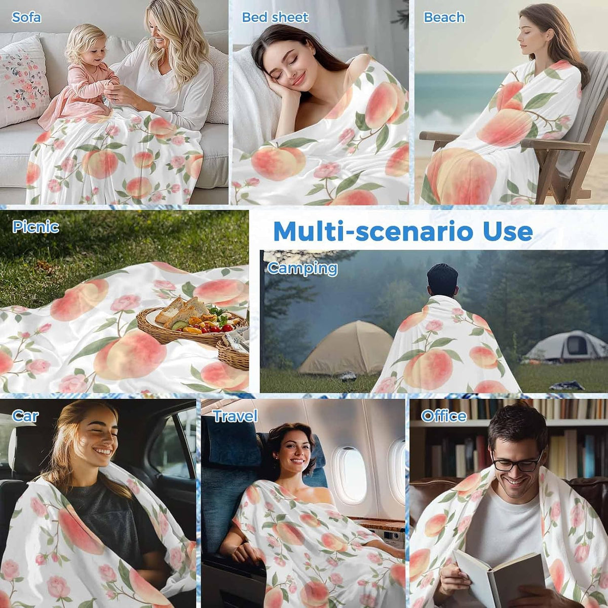 Cooling Throw Blanket 40"x60" for Teens, Peach Lightweight Breathable Bed Blanket for Hot Sleepers, Spring Floral Green Leaf Botanical Pink Fruit Soft Summer Cool Blankets for Travel, Sofa, Couch