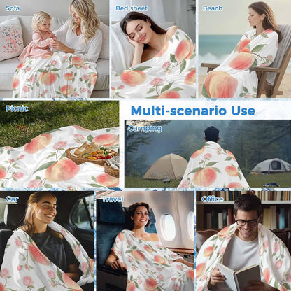 Cooling Throw Blanket 40"x60" for Teens, Peach Lightweight Breathable Bed Blanket for Hot Sleepers, Spring Floral Green Leaf Botanical Pink Fruit Soft Summer Cool Blankets for Travel, Sofa, Couch