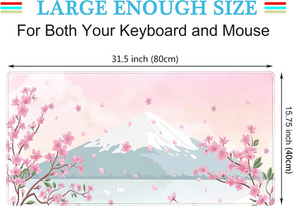 Japanese Desk Mat Pastel Pink Cherry Blossom Mouse Pad Mt Fuji Japan Large Gaming Anime Mousepad XXL 31.5x15.75 in, Kawaii Aesthetic Flower Cute Women Office Decor Computer Laptop Keyboard Mat