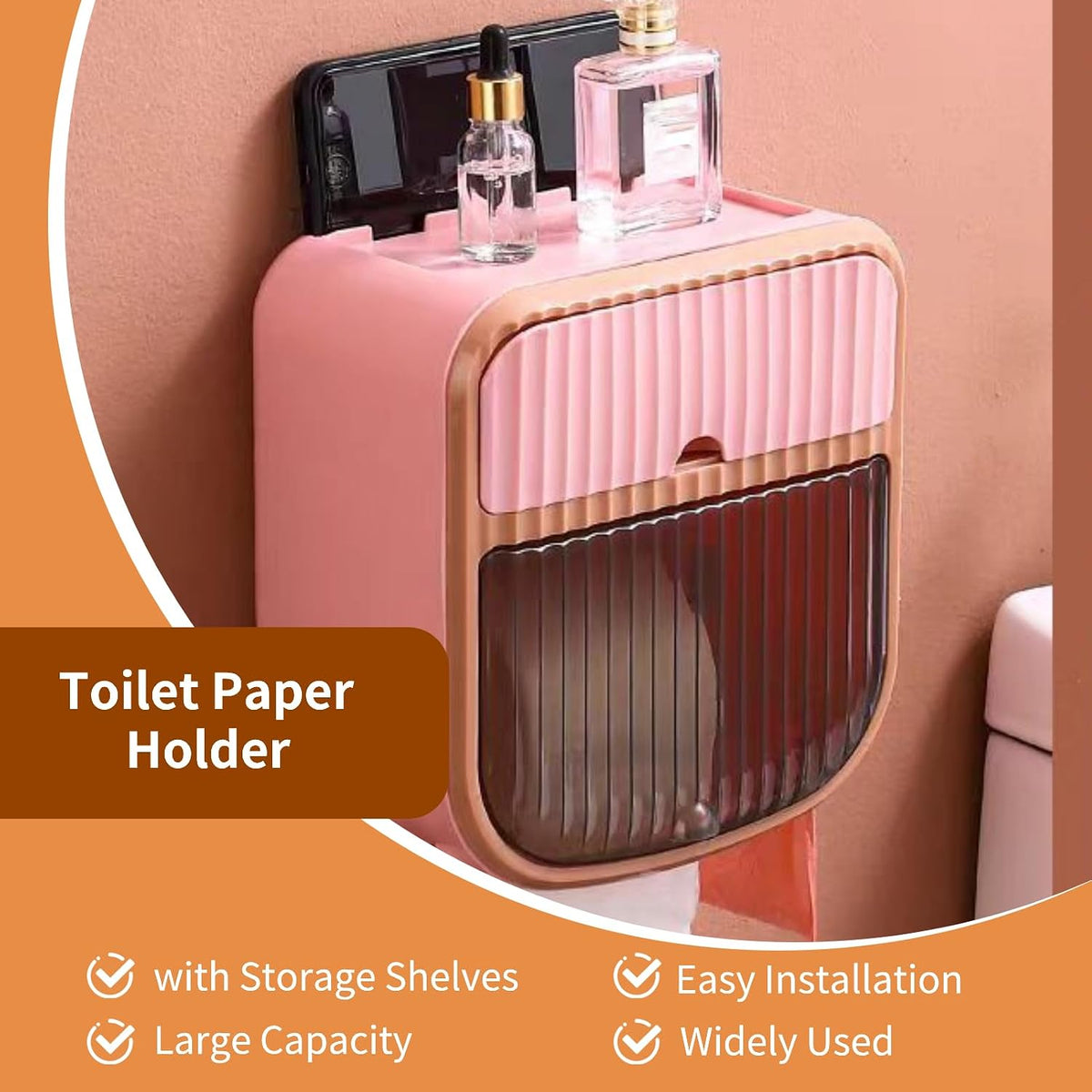 Self Adhesive Toilet Paper Holder with Shelf, Paper Roll Holder, Waterproof Toilet Paper Holder Wall Mount, Paper Towel Holder Dispensers with Storage Space Shelves (Pink)