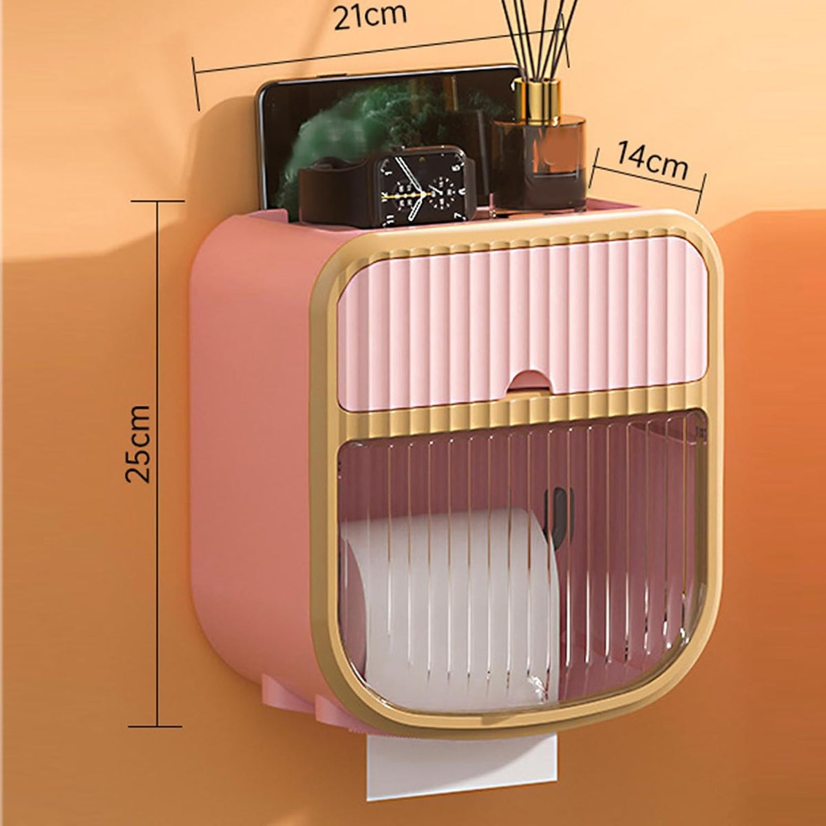 Self Adhesive Toilet Paper Holder with Shelf, Paper Roll Holder, Waterproof Toilet Paper Holder Wall Mount, Paper Towel Holder Dispensers with Storage Space Shelves (Pink)