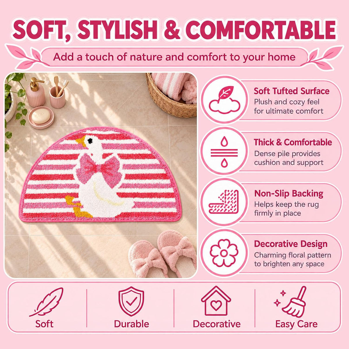 Cute Goose Bow Tufted Bathroom Rug & Kawaii Bath Mat, 17.7"x31.5"
