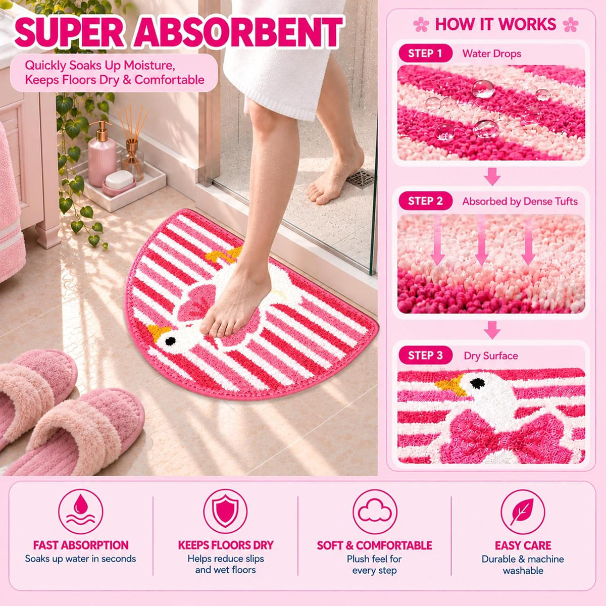 Cute Goose Bow Tufted Bathroom Rug & Kawaii Bath Mat, 17.7"x31.5"