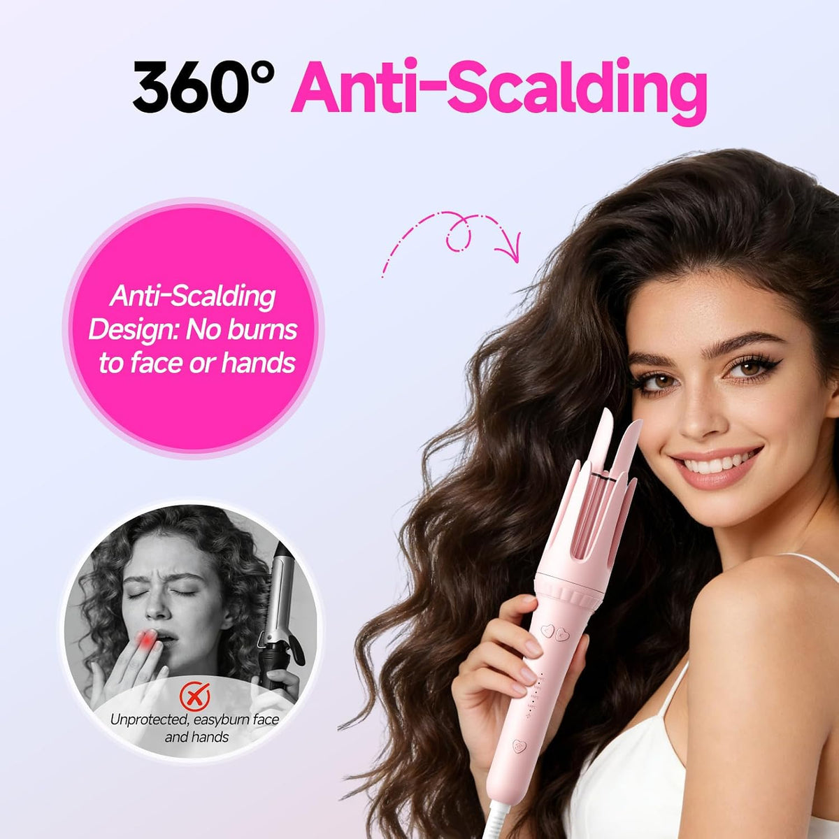 Myhox Auto Curling Iron 1.25", 4 Temp, Rotating Hair Curler for Beach Waves, Ceramic Curling Wand with Anti-Scald & Anti-Tangle for Long Hair, Dual Voltage, Pink