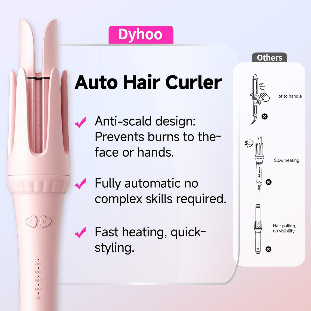 Myhox Auto Curling Iron 1.25", 4 Temp, Rotating Hair Curler for Beach Waves, Ceramic Curling Wand with Anti-Scald & Anti-Tangle for Long Hair, Dual Voltage, Pink
