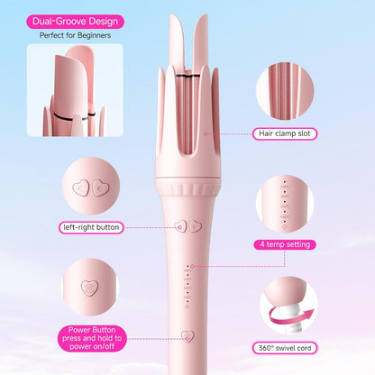 Myhox Auto Curling Iron 1.25", 4 Temp, Rotating Hair Curler for Beach Waves, Ceramic Curling Wand with Anti-Scald & Anti-Tangle for Long Hair, Dual Voltage, Pink