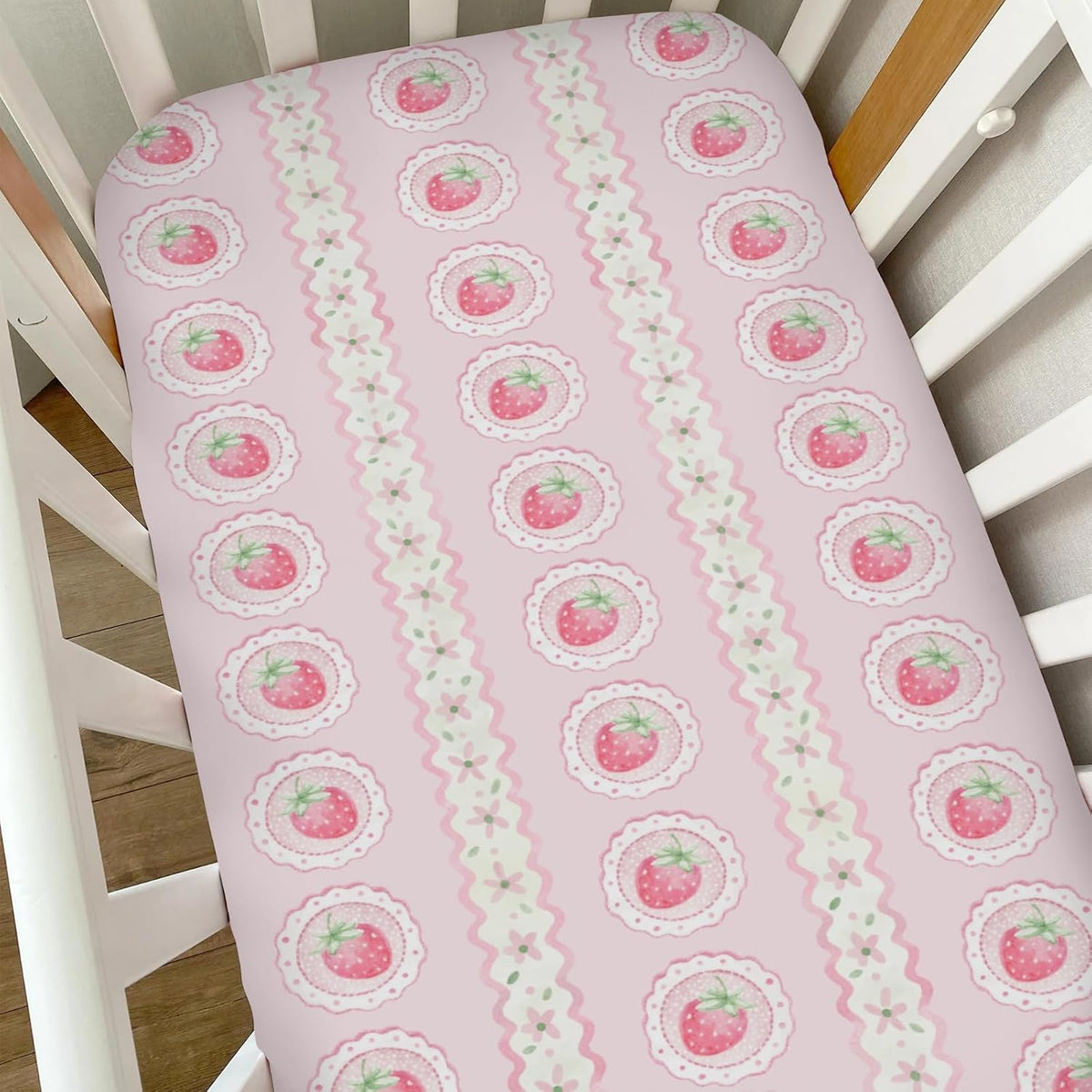 Pastel Strawberry Floral Baby Crib Sheets for Girls Pink Strawberries Stripes Soft Snug Fitted Crib Mattress Covers for 52''x28'' Standard Crib & Toddler Mattress Boho Summer Fruits Bed Sheets