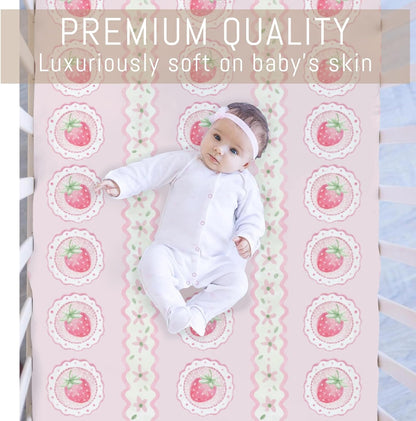 Pastel Strawberry Floral Baby Crib Sheets for Girls Pink Strawberries Stripes Soft Snug Fitted Crib Mattress Covers for 52''x28'' Standard Crib & Toddler Mattress Boho Summer Fruits Bed Sheets