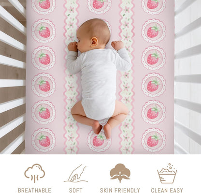 Pastel Strawberry Floral Baby Crib Sheets for Girls Pink Strawberries Stripes Soft Snug Fitted Crib Mattress Covers for 52''x28'' Standard Crib & Toddler Mattress Boho Summer Fruits Bed Sheets