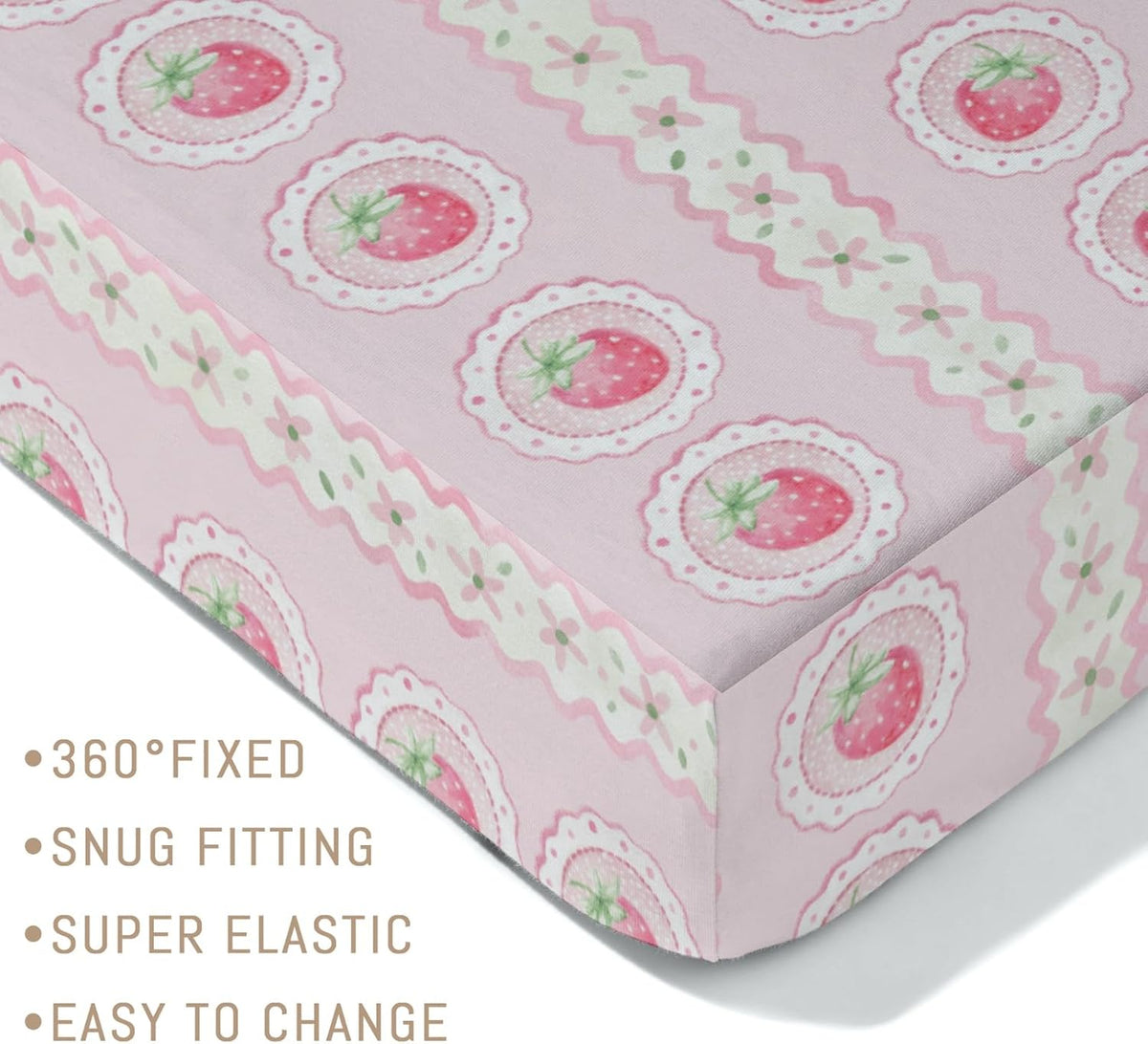 Pastel Strawberry Floral Baby Crib Sheets for Girls Pink Strawberries Stripes Soft Snug Fitted Crib Mattress Covers for 52''x28'' Standard Crib & Toddler Mattress Boho Summer Fruits Bed Sheets