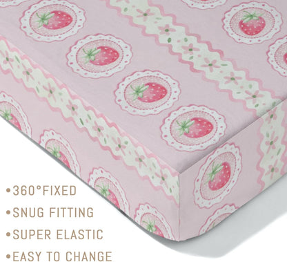 Pastel Strawberry Floral Baby Crib Sheets for Girls Pink Strawberries Stripes Soft Snug Fitted Crib Mattress Covers for 52''x28'' Standard Crib & Toddler Mattress Boho Summer Fruits Bed Sheets