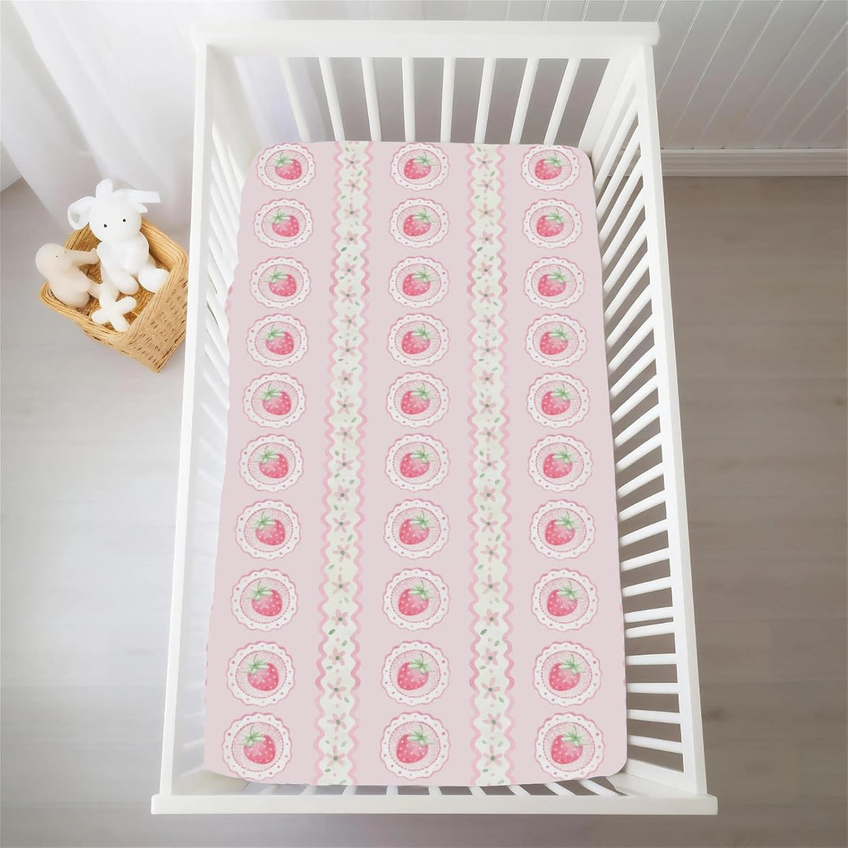 Pastel Strawberry Floral Baby Crib Sheets for Girls Pink Strawberries Stripes Soft Snug Fitted Crib Mattress Covers for 52''x28'' Standard Crib & Toddler Mattress Boho Summer Fruits Bed Sheets