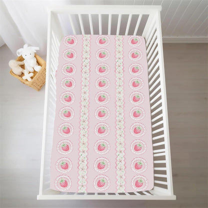 Pastel Strawberry Floral Baby Crib Sheets for Girls Pink Strawberries Stripes Soft Snug Fitted Crib Mattress Covers for 52''x28'' Standard Crib & Toddler Mattress Boho Summer Fruits Bed Sheets
