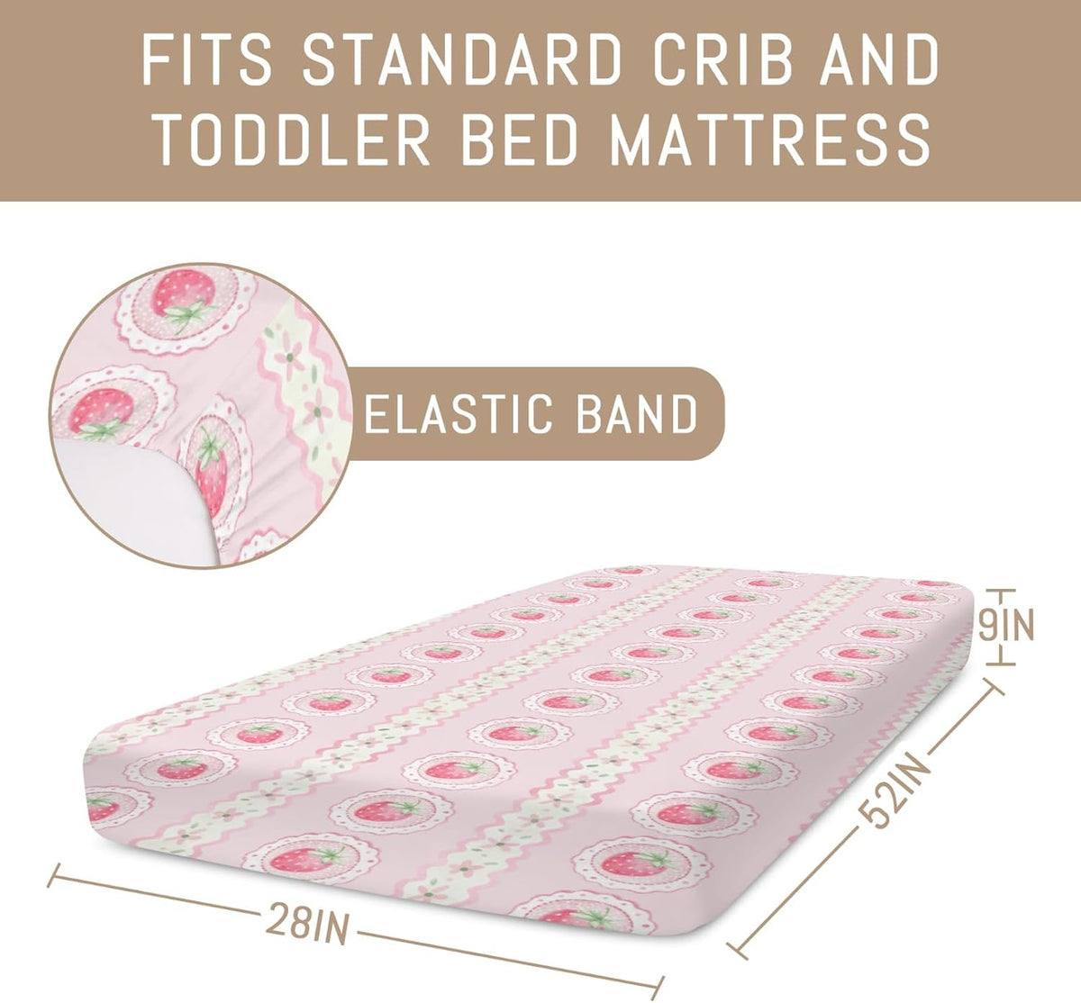 Pastel Strawberry Floral Baby Crib Sheets for Girls Pink Strawberries Stripes Soft Snug Fitted Crib Mattress Covers for 52''x28'' Standard Crib & Toddler Mattress Boho Summer Fruits Bed Sheets