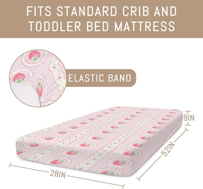 Pastel Strawberry Floral Baby Crib Sheets for Girls Pink Strawberries Stripes Soft Snug Fitted Crib Mattress Covers for 52''x28'' Standard Crib & Toddler Mattress Boho Summer Fruits Bed Sheets