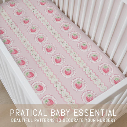 Pastel Strawberry Floral Baby Crib Sheets for Girls Pink Strawberries Stripes Soft Snug Fitted Crib Mattress Covers for 52''x28'' Standard Crib & Toddler Mattress Boho Summer Fruits Bed Sheets