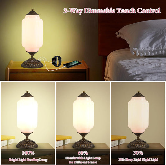 Vintage Milk Glass Table Lamp - 3 Way Dimmable Touch Control - Pink Nightstand Lamps with USB C+A Charging Ports - Single Retro Modern Plug in Bedside Lamp for Living room End Table Bedroom (Bulbx1)