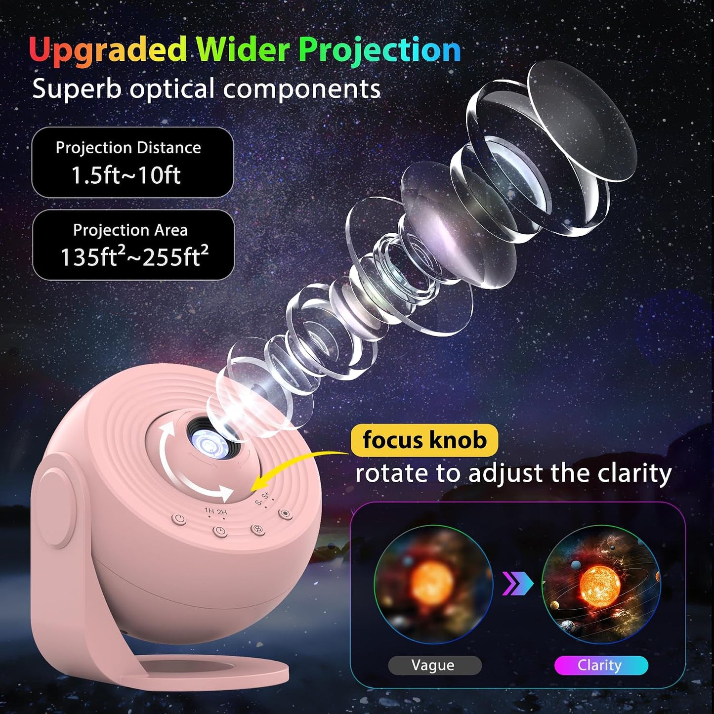 Galaxy Projector for Bedroom, HD Image Star Projector Galaxy Light Adjustable Knob, 12 Film Discs Planetarium Projector for Kids, 360° Rotating 1/2h Timer Simple 4-Button Control Pink