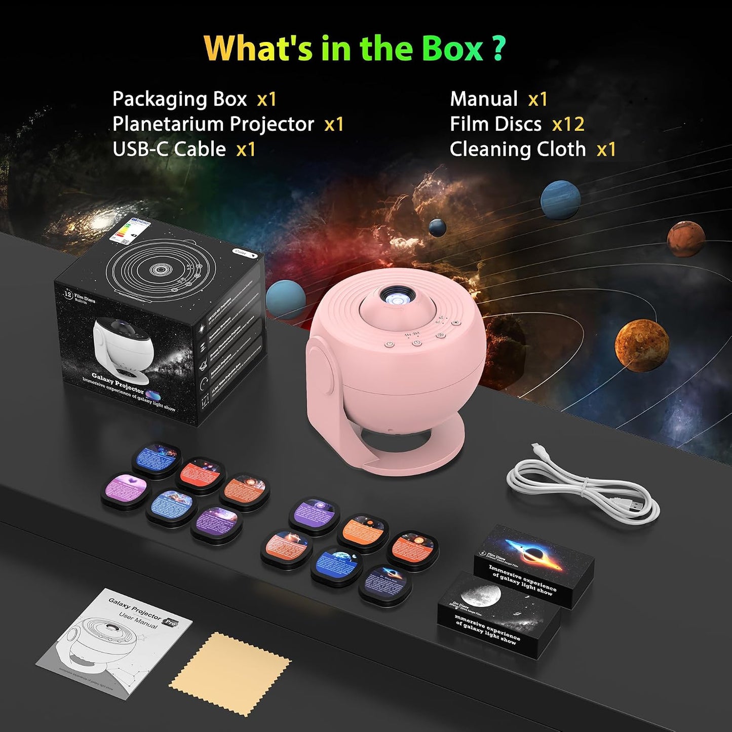 Galaxy Projector for Bedroom, HD Image Star Projector Galaxy Light Adjustable Knob, 12 Film Discs Planetarium Projector for Kids, 360° Rotating 1/2h Timer Simple 4-Button Control Pink