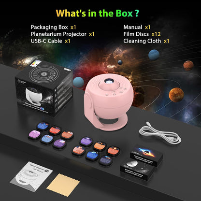 Galaxy Projector for Bedroom, HD Image Star Projector Galaxy Light Adjustable Knob, 12 Film Discs Planetarium Projector for Kids, 360° Rotating 1/2h Timer Simple 4-Button Control Pink