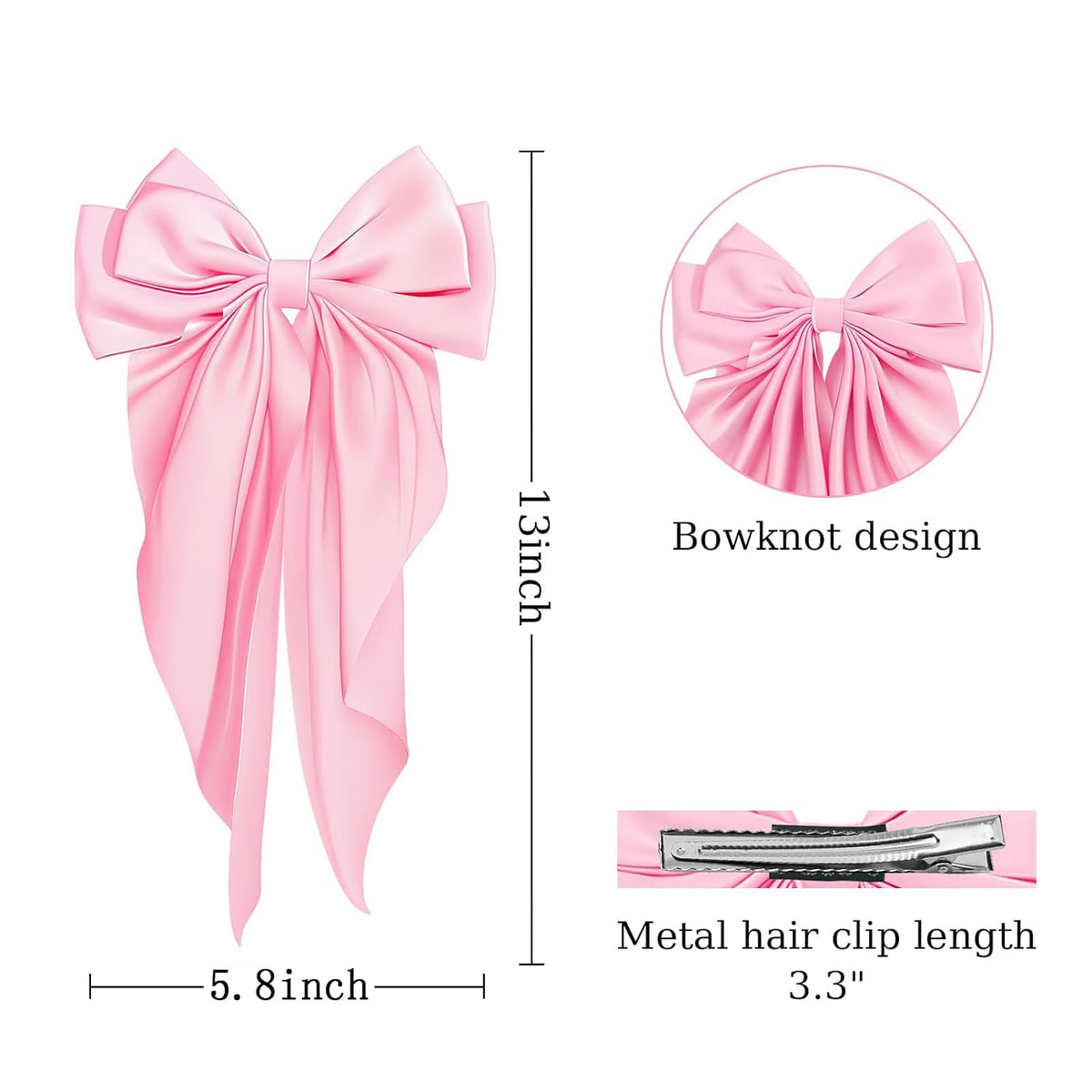 Large Satin Bow Barrettes Clips in Pink - Hair Accessories for Women