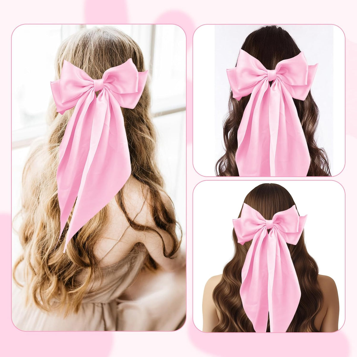 Large Satin Bow Barrettes Clips in Pink - Hair Accessories for Women