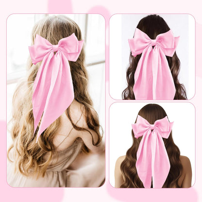 Large Satin Bow Barrettes Clips in Pink - Hair Accessories for Women