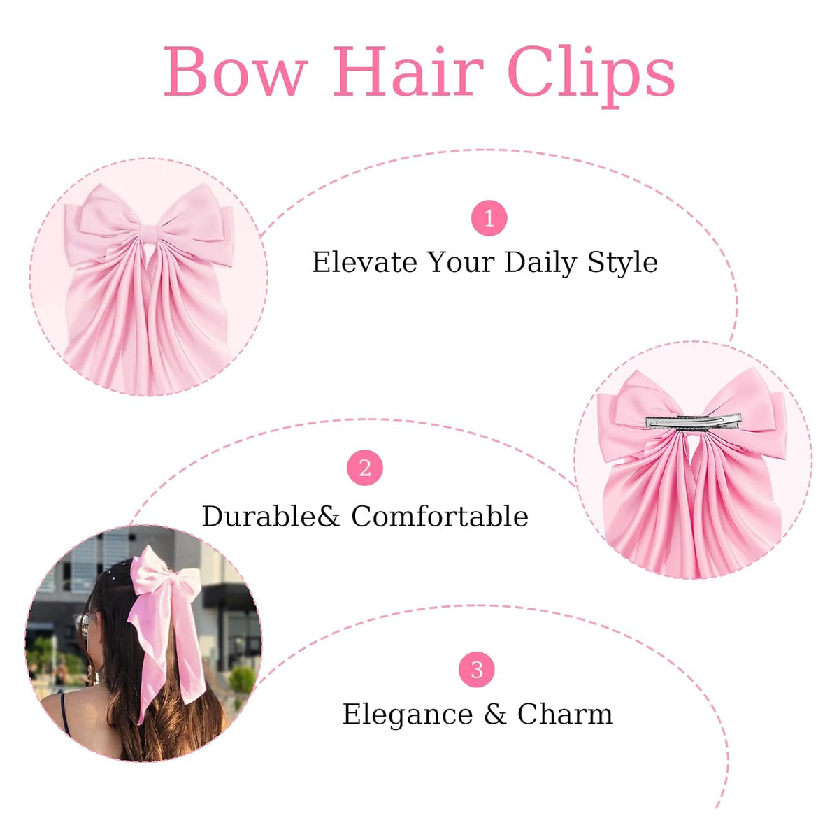 Large Satin Bow Barrettes Clips in Pink - Hair Accessories for Women