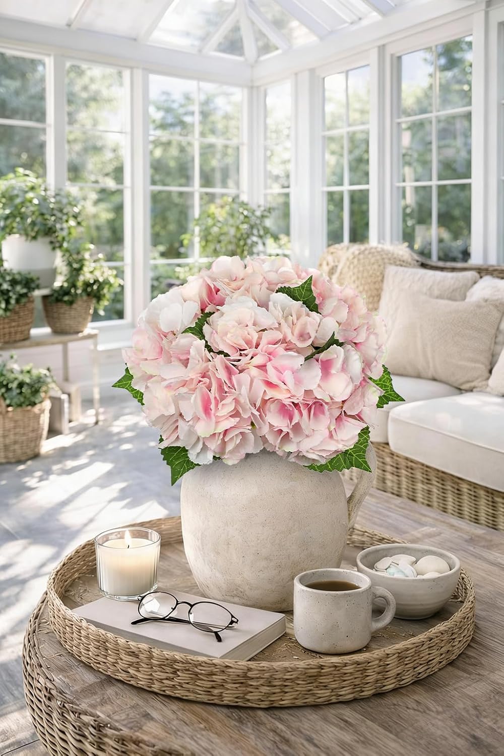 Light Pink Hydrangea Artificial Flowers 6pcs Large Real Touch Faux Hydrangeas Silk Flowers Bouquets Fake Flower with Stems for Home Decor Indoor Wedding Kitchen Centerpiece Table Decorations