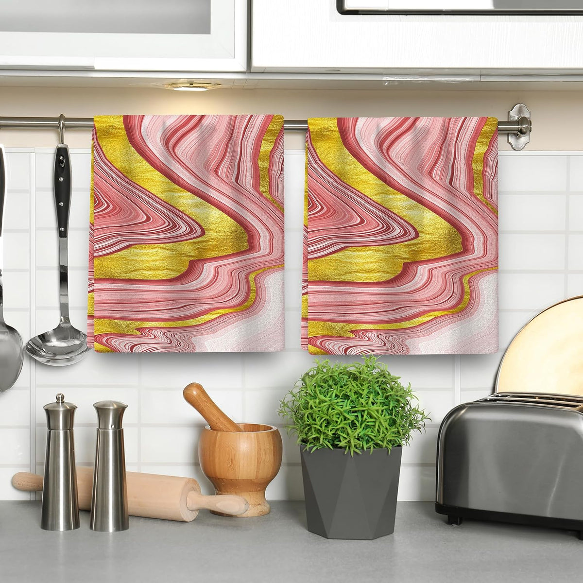 Pink Gold Marble Kitchen Towels Decorative Set of 2 16x24 Inch Rose Pink Modern Hand Towels Soft Absorbent Dish Cloths Bathroom Home Bar Marble Kitchen Decor