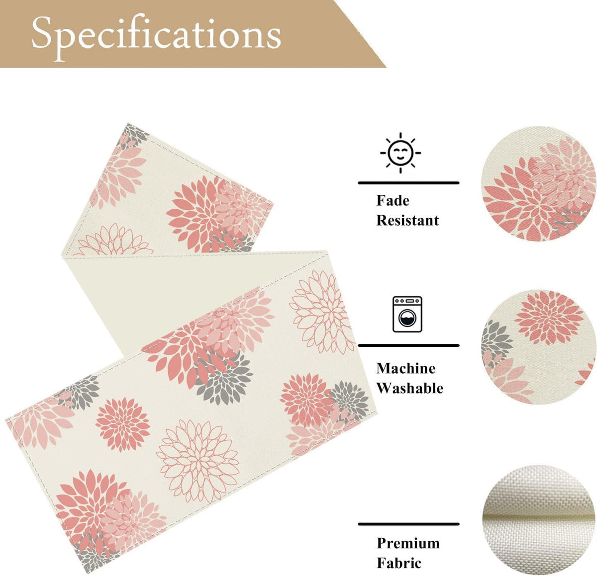 Pink Grey Table Runner Dahlia Flower Beige Burlap Table Runners Modern Elegant Pompon Farmhouse Table Center Decor for Home Kitchen Dining Party Patio (13x36 Inch)
