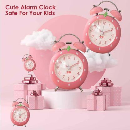 4 inches Strawberry Cute Alarm Clock for Heavy Sleepers with Backlight,Loud Twin Bell Alarm Clock for Kids, Seniors, Heavy Sleepers, Decorations for Bedroom, Living Room (Pink)