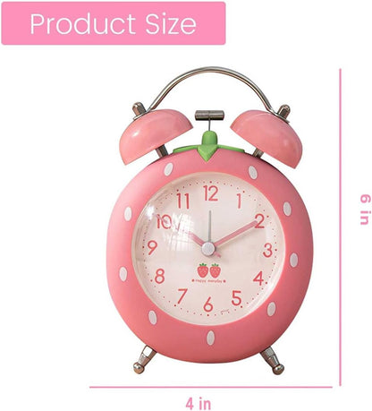 4 inches Strawberry Cute Alarm Clock for Heavy Sleepers with Backlight,Loud Twin Bell Alarm Clock for Kids, Seniors, Heavy Sleepers, Decorations for Bedroom, Living Room (Pink)