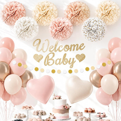 Pink Baby Shower Decorations with Nude Beige White Gold Paper Pompoms