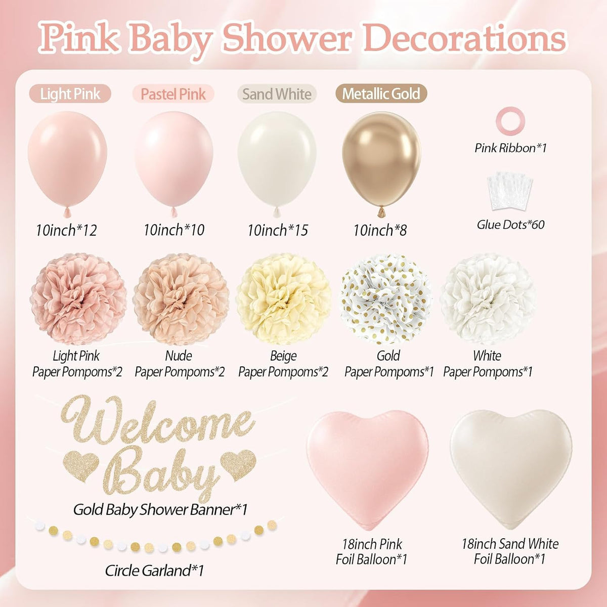 Pink Baby Shower Decorations with Nude Beige White Gold Paper Pompoms